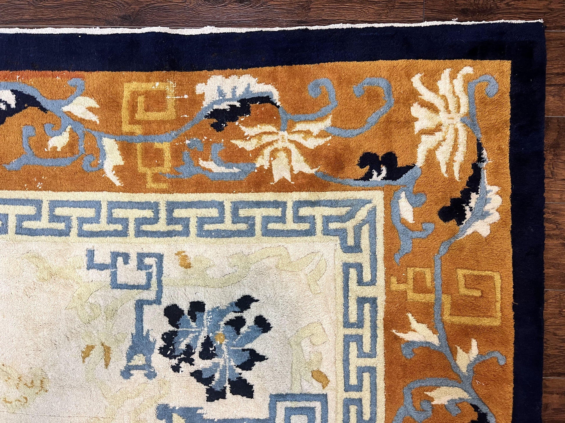 Indo Chinese Rug 9x12, Asian Oriental Carpet 9 x 12, Cream & Burnt Orange, Handmade Wool Vintage Art Deco Rug - Nuvé