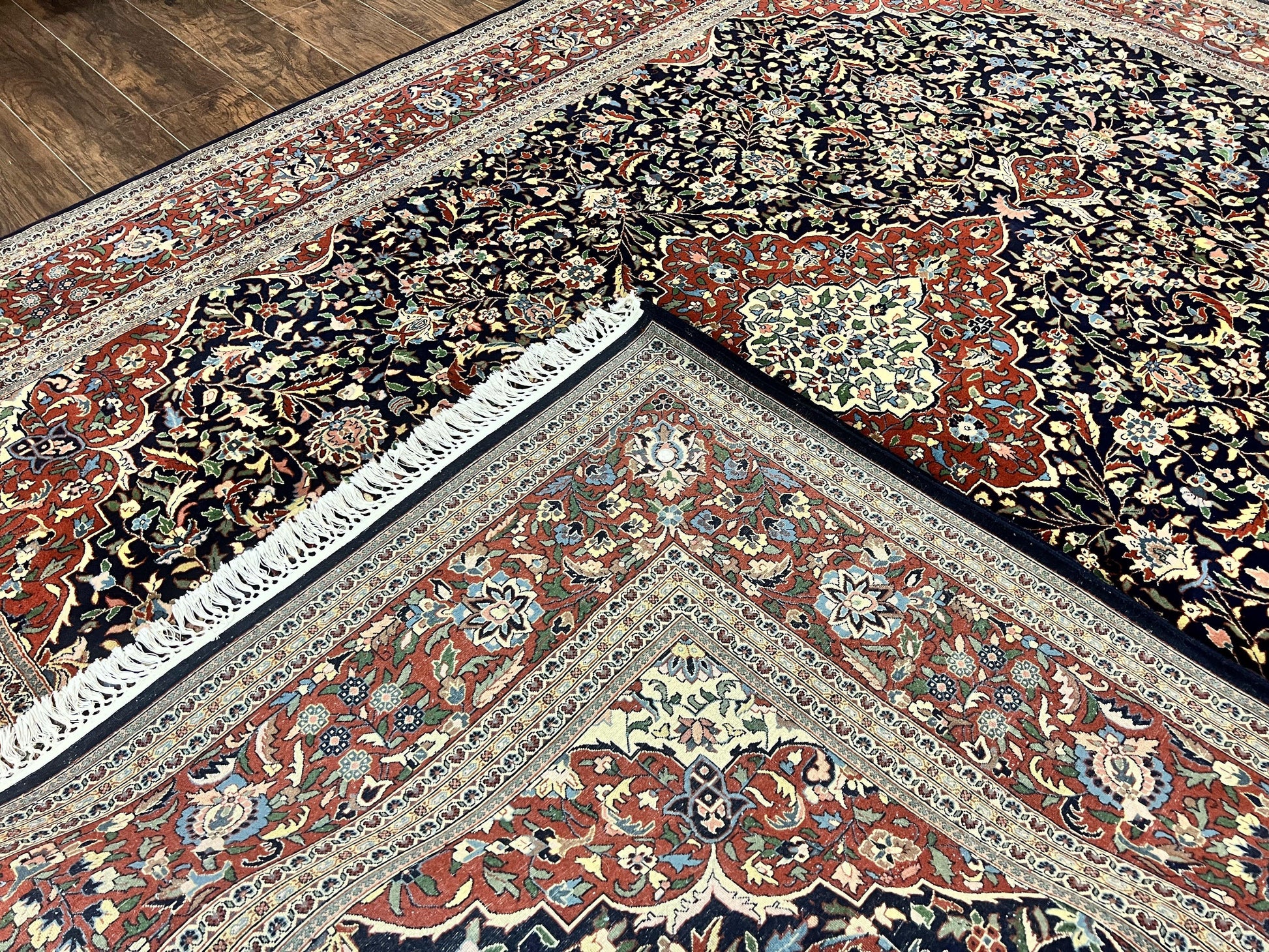 Indo Persian Rug 8x10, Floral Medallion, Vintage Handmade Wool Carpet, Navy Blue and Red, Fine 300 KPSI - Nuvé