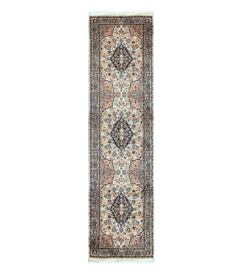 Silk Indian Kashmiri Runner Rug 2.7 x 9.8, Floral Medallions