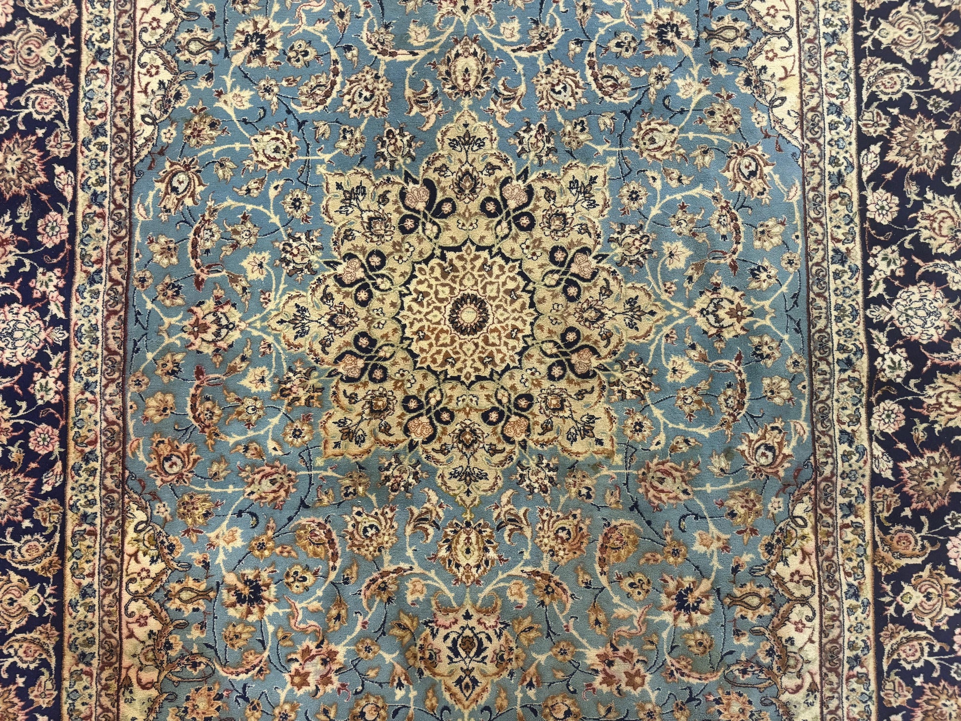 Light Blue Persian Isfahan Rug 5x8, Floral Medallion, Wool on Silk Foundation, Very Fine 530 KPSI, Handmade Carpet - Nuvé