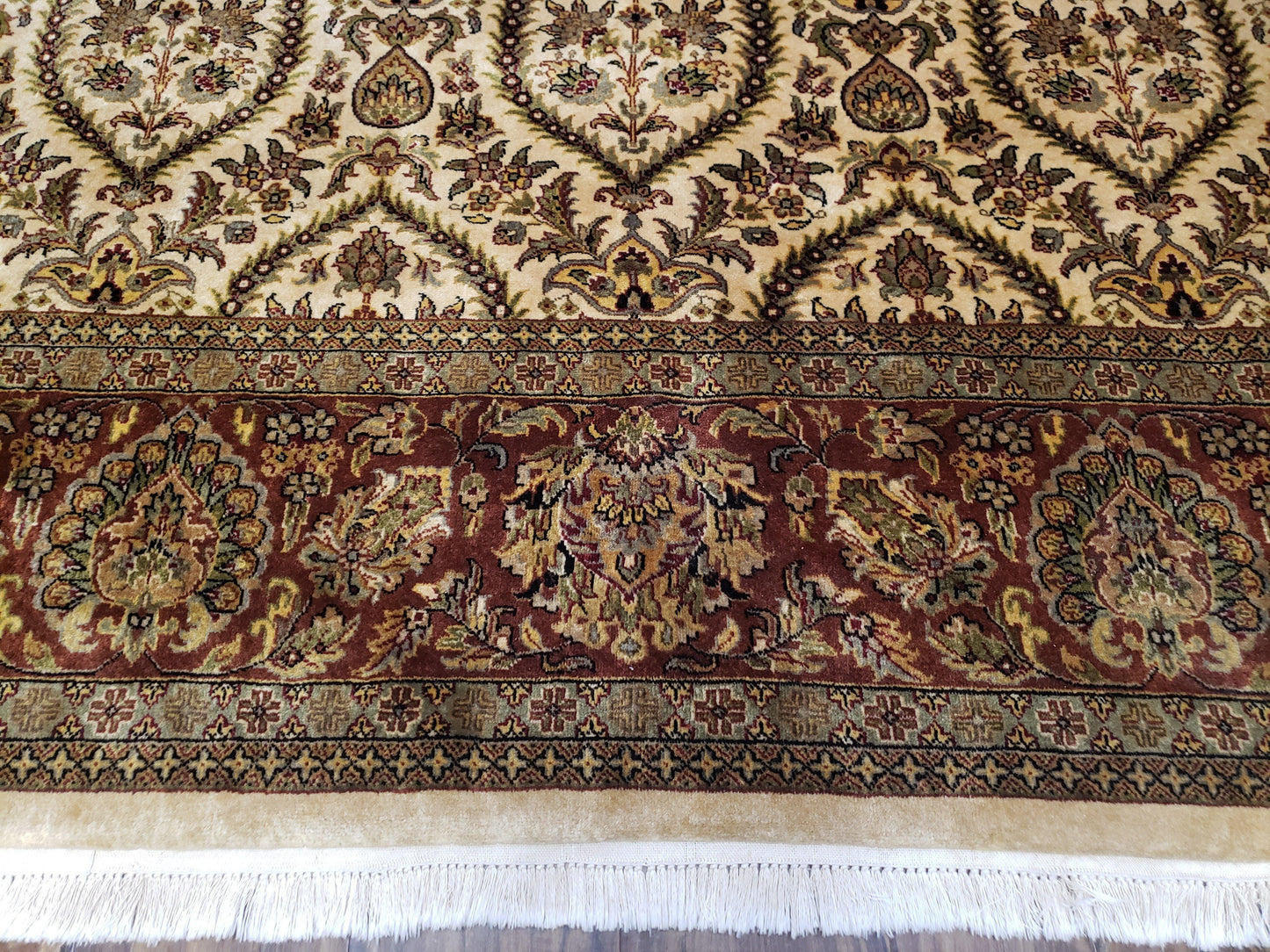 Vintage Indo Persian Area Rug 9x12, Wool Hand-Knotted Ivory & Dark Red Oriental Carpet, Fine Weave 9 x 12 Indian Rug, Dining Room Rug - Nuvé