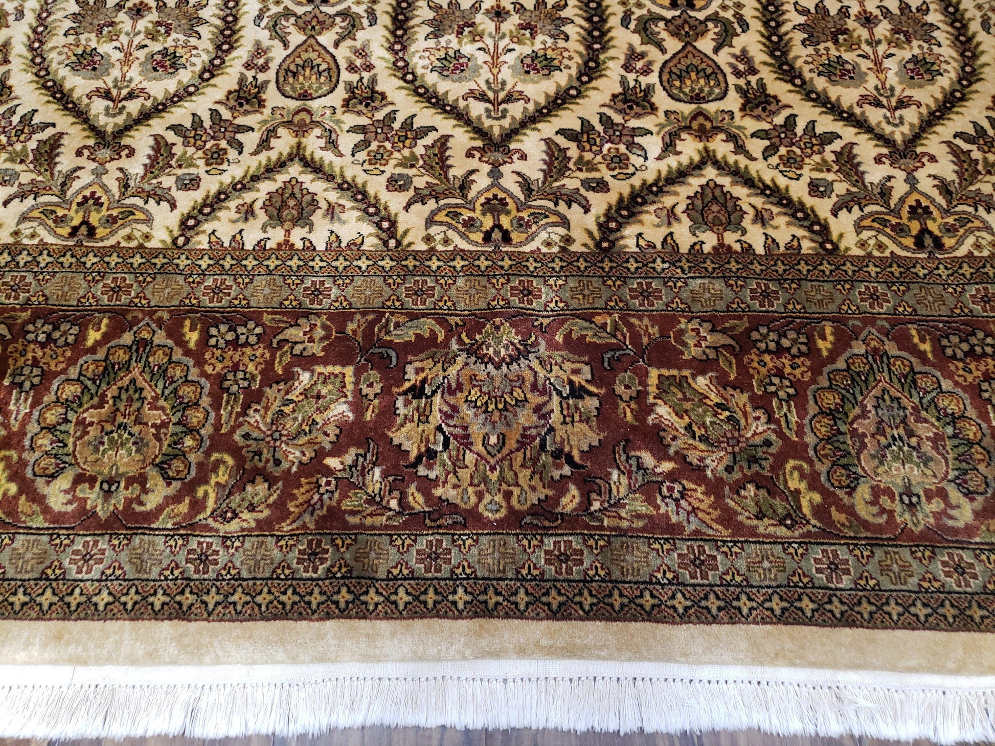 Vintage Indo Persian Area Rug 9x12, Wool Hand-Knotted Ivory & Dark Red Oriental Carpet, Fine Weave 9 x 12 Indian Rug, Dining Room Rug - Nuvé