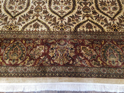 Vintage Indo Persian Area Rug 9x12, Wool Hand-Knotted Ivory & Dark Red Oriental Carpet, Fine Weave 9 x 12 Indian Rug, Dining Room Rug - Nuvé