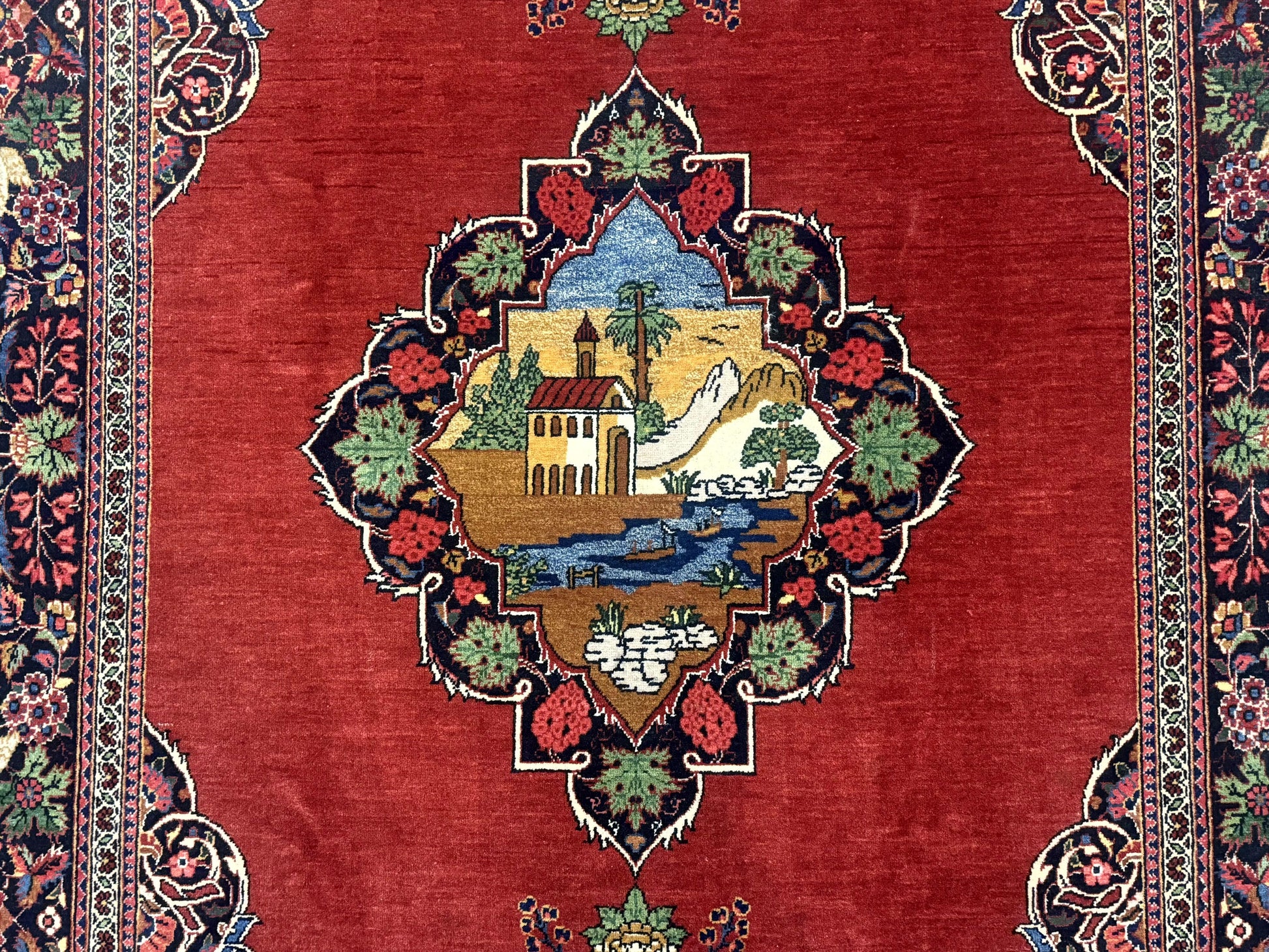 Red Persian Kashan Rug 4x6, Very Fine 260 KPSI, Red and Navy Blue Persian Carpet, Semi Open Field - Nuvé