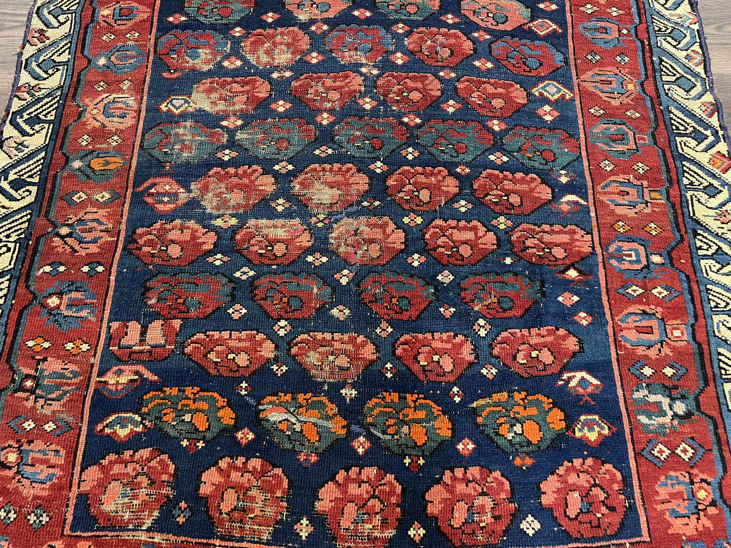 Antique Seychour Rug 4x7, Collectible Kuba Caucasian Carpet, Wool Handmade, Red Navy Blue Cream, Repeated Allover Motif, Early 20th Century - Nuvé