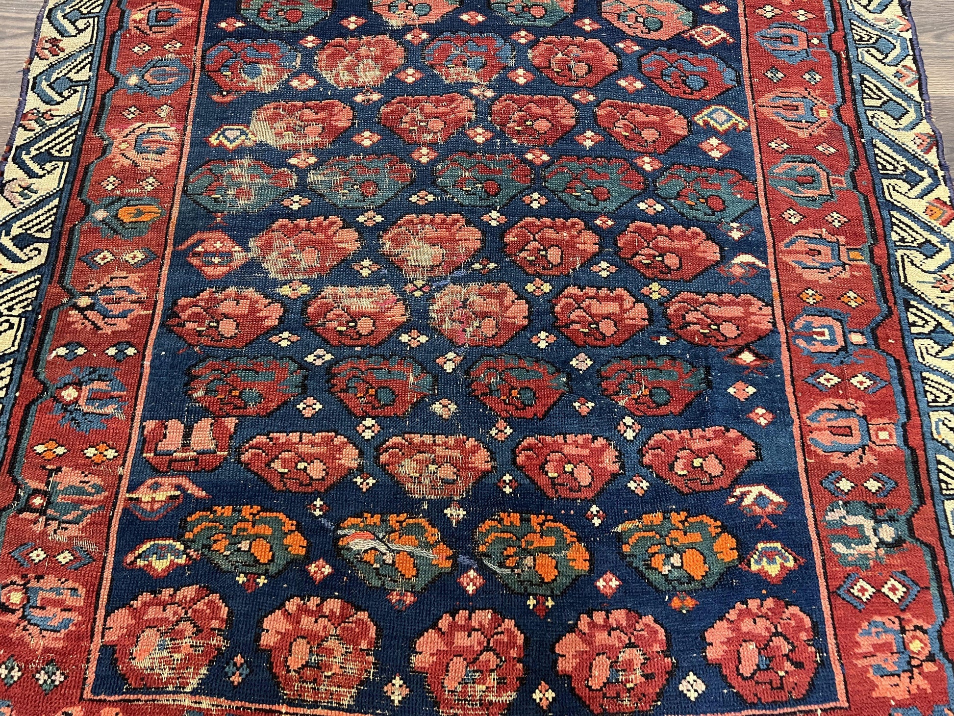 Antique Seychour Rug 4x7, Collectible Kuba Caucasian Carpet, Wool Handmade, Red Navy Blue Cream, Repeated Allover Motif, Early 20th Century - Nuvé