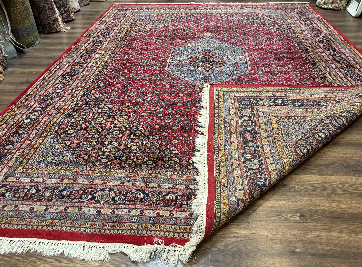 Indo Persian Bidjar Rug 10x14, Red and Dark Blue, Herati Mahi Pattern, Vintage - Nuvé