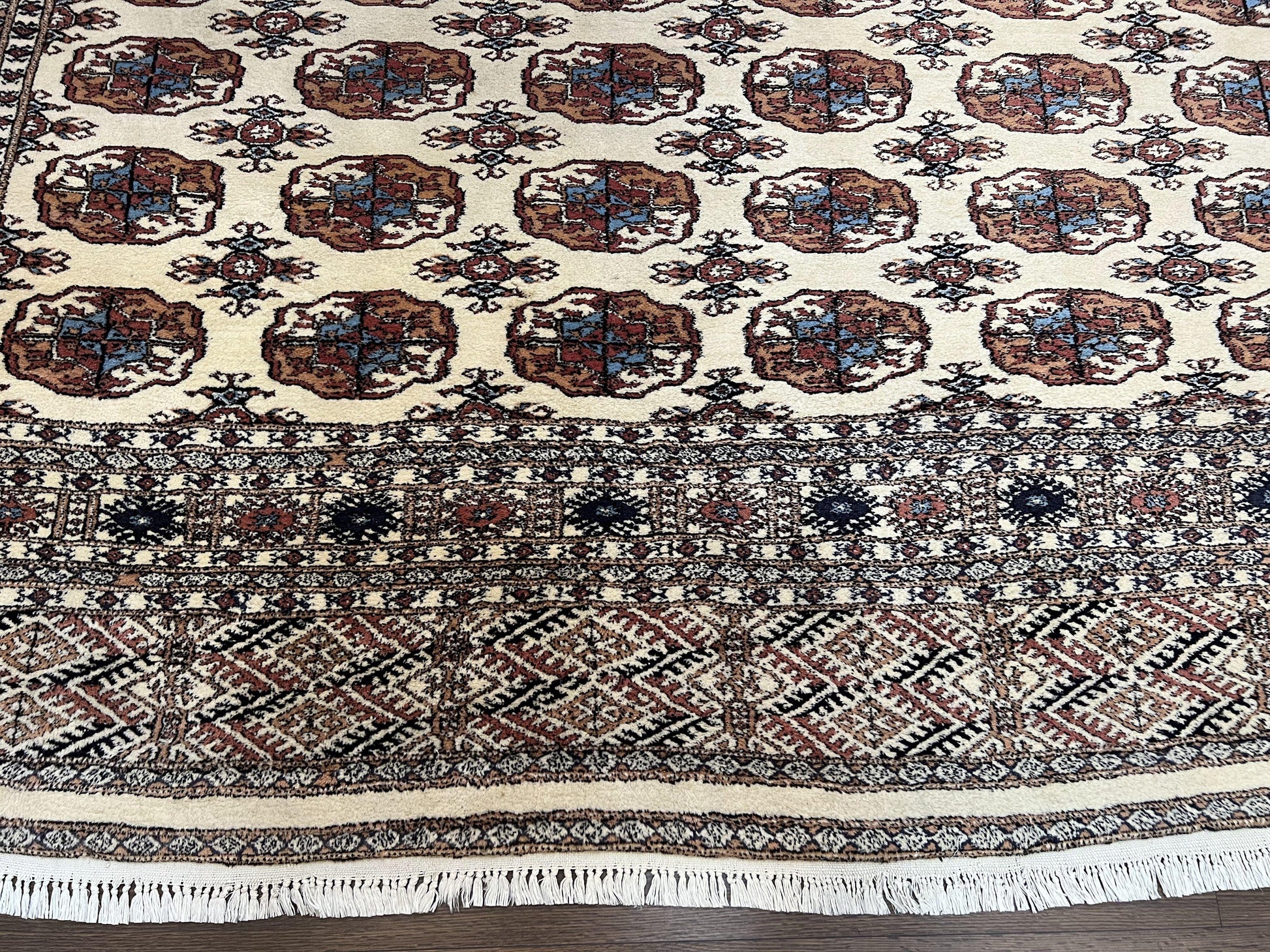 Pakistani Bokhara Rug 8x10, Traditional Turkoman Tribal Carpet, Allover Repeated Elephant Foot Motif, Ivory/Cream Black Red, Vintage Handmade - Nuvé