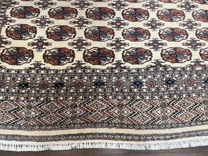 Pakistani Bokhara Rug 8x10, Traditional Turkoman Tribal Carpet, Allover Repeated Elephant Foot Motif, Ivory/Cream Black Red, Vintage Handmade - Nuvé