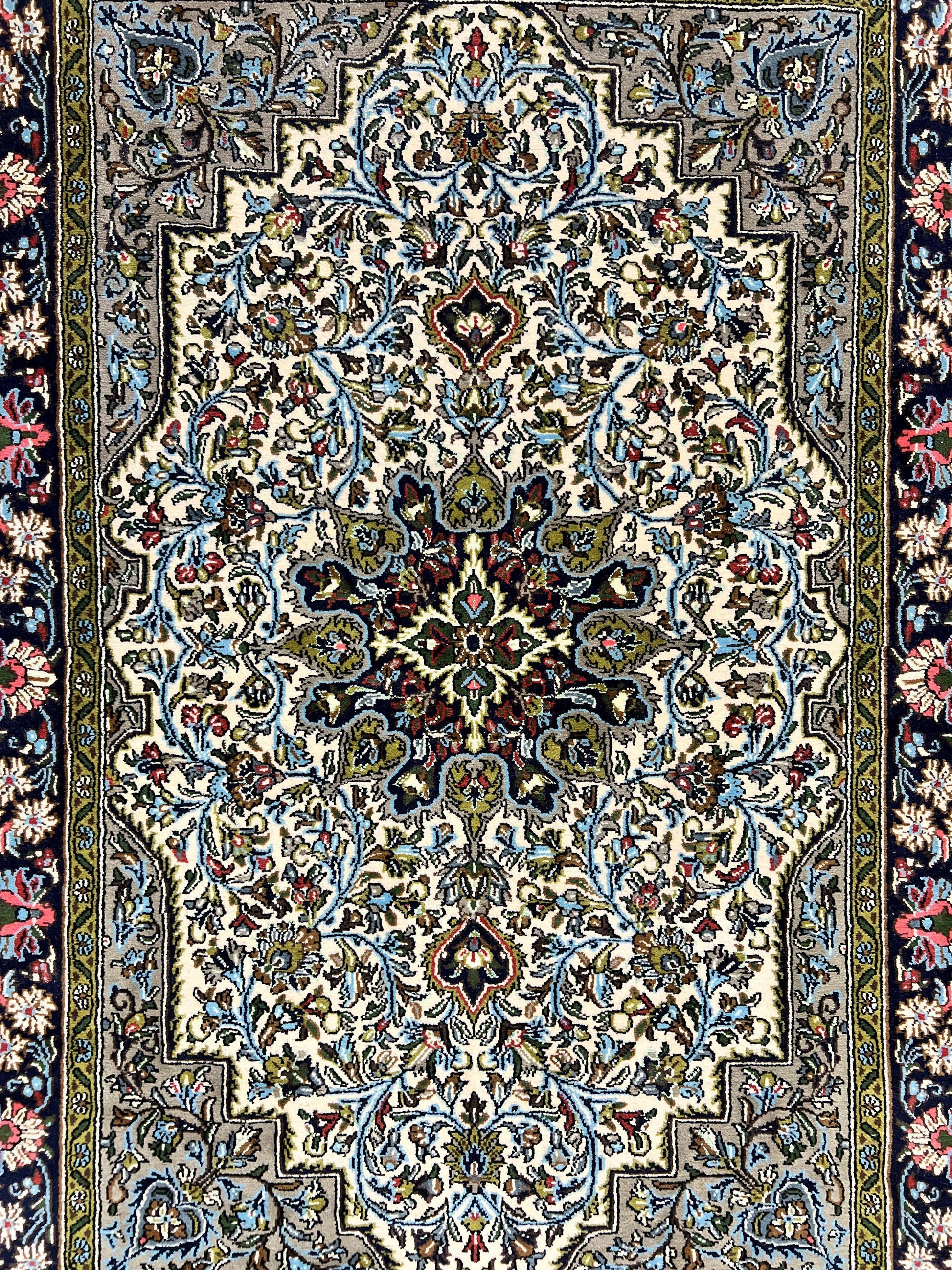 Persian Qum Rug 3x5, Wool with Silk Highlights, Handmade Semi Antique Carpet, Ivory & Navy Blue, Floral Medallion, Finely Hand Knotted - Nuvé