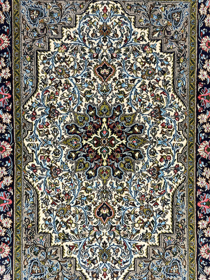 Persian Qum Rug 3x5, Wool with Silk Highlights, Handmade Semi Antique Carpet, Ivory & Navy Blue, Floral Medallion, Finely Hand Knotted - Nuvé