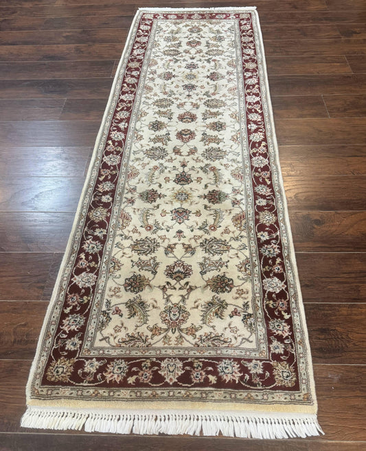 Pak Persian Runner Rug 2.8 x 8, Handmade Vintage Carpet, Beige and Maroon, Wool and Silk Highlights - Nuvé