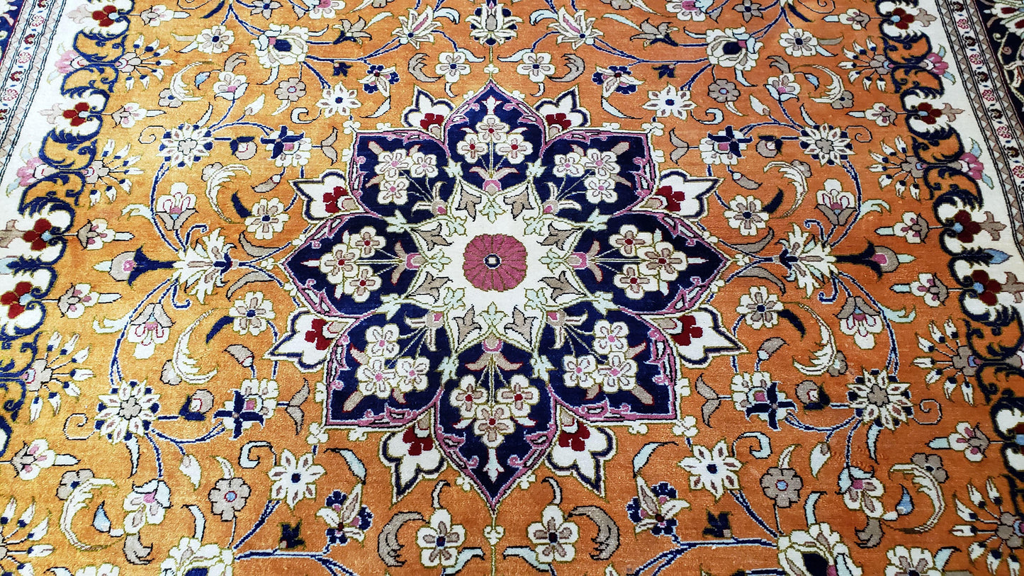 Vintage Persian Qum Silk Rug 4.6 x 6.7, Burnt Orange and Navy Blue, Antique Oriental Very Fine Signature Master Weaver 350+ KPSI Ghom Qom 5x7 Rug - Nuvé