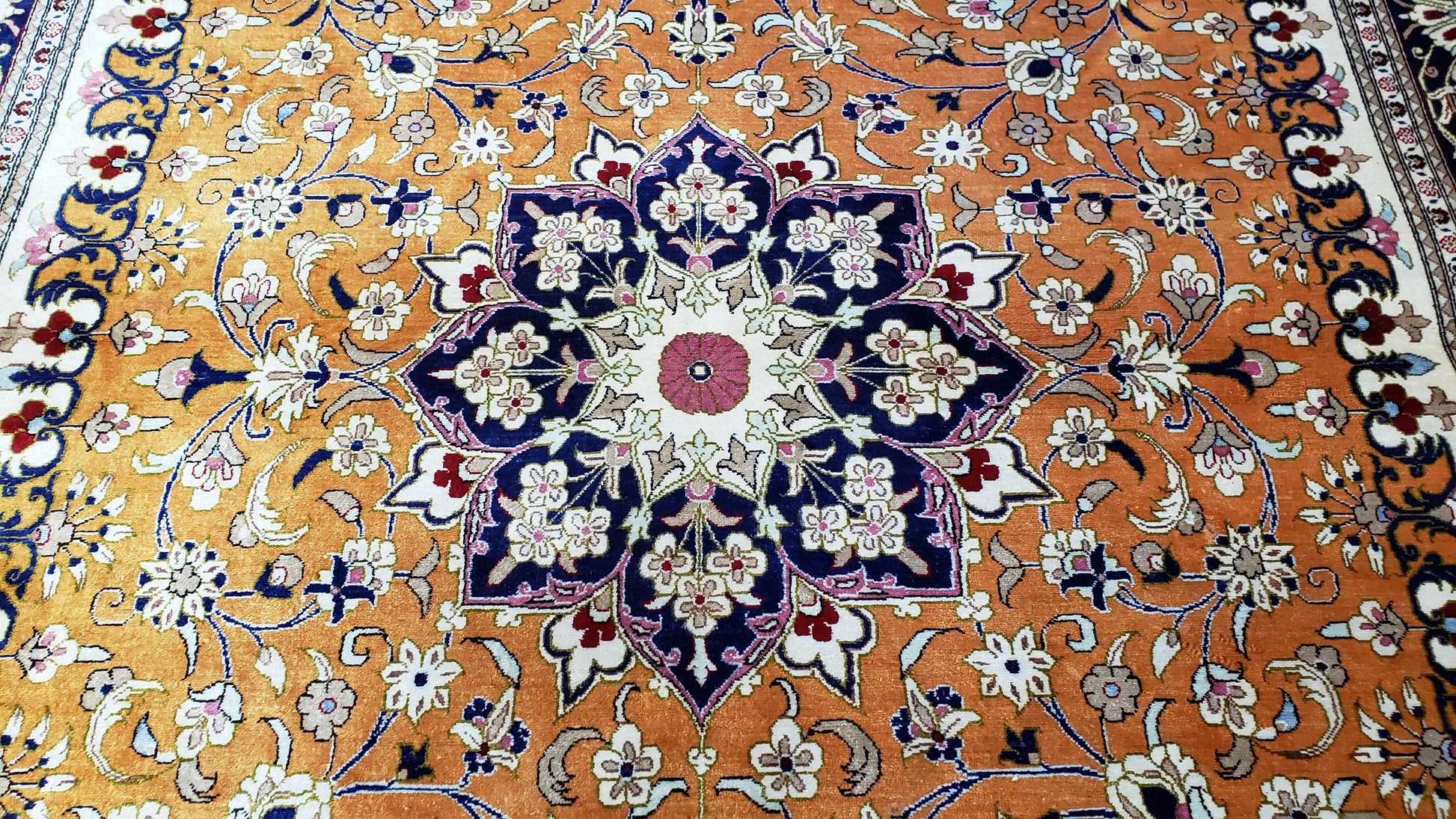 Vintage Persian Qum Silk Rug 4.6 x 6.7, Burnt Orange and Navy Blue, Antique Oriental Very Fine Signature Master Weaver 350+ KPSI Ghom Qom 5x7 Rug - Nuvé