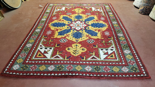 Colorful Moroccan Heriz Rug 6x9, Large Central Medallion, Red Yellow Blue - Nuvé