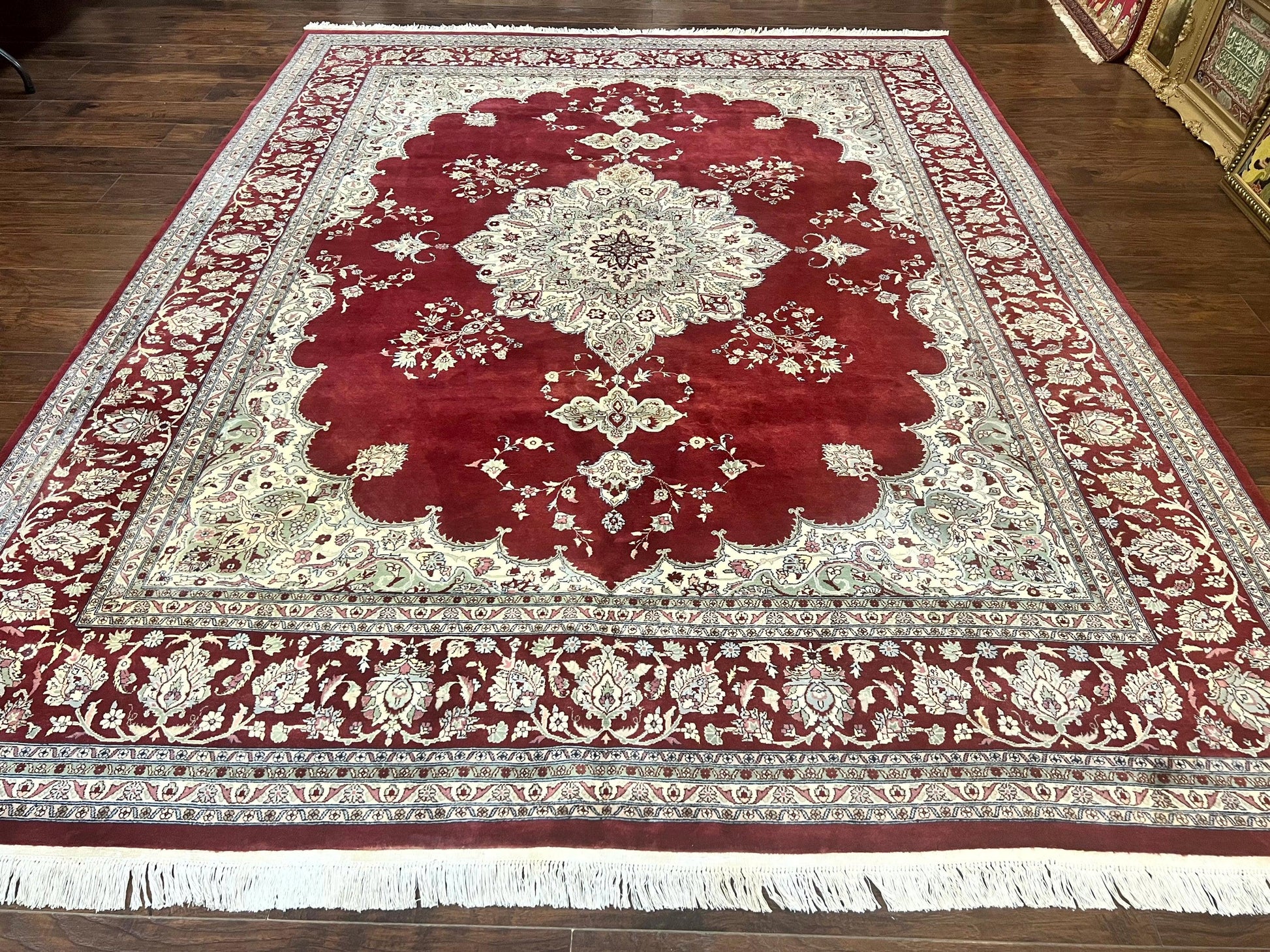 Pak Persian Rug 9x12, Handmade Vintage Traditional Wool Carpet, Floral Medallion, Dark Red Ivory/Cream, Fine 250 KPSI - Nuvé