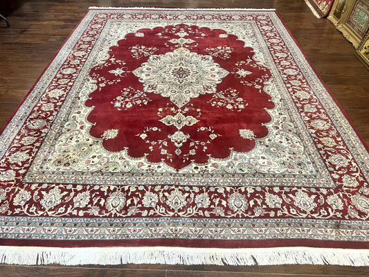 Pak Persian Rug 9x12, Handmade Vintage Traditional Wool Carpet, Floral Medallion, Dark Red Ivory/Cream, Fine 250 KPSI - Nuvé