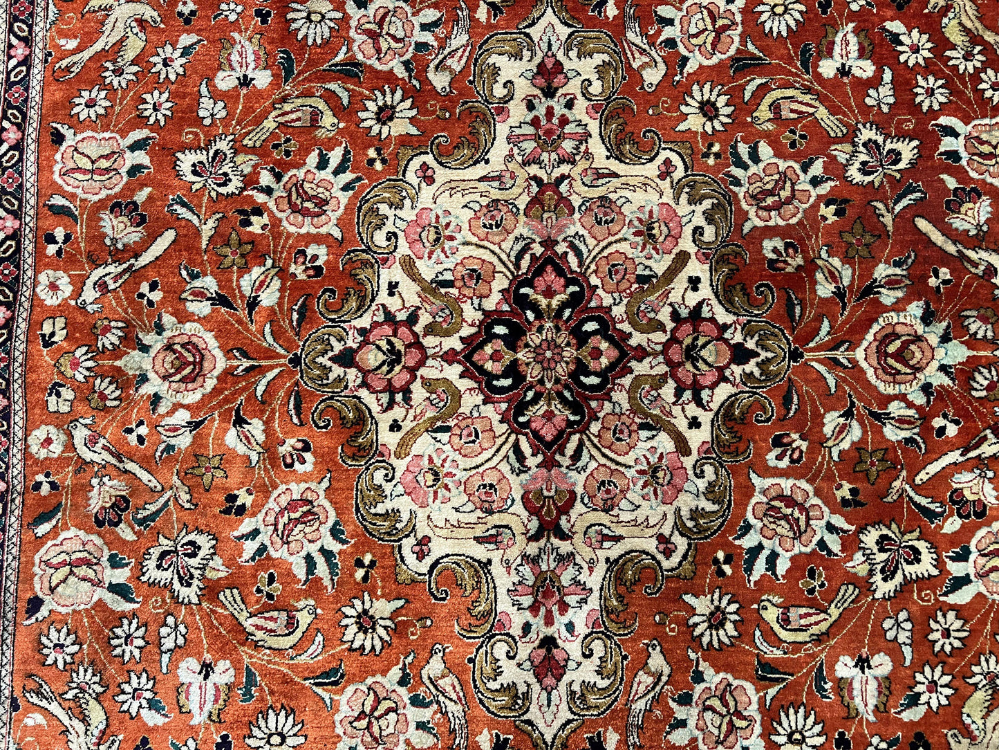 Persian Qum Silk Rug 5x7 - Floral Medallion, Birds, Orange-Red - Nuvé