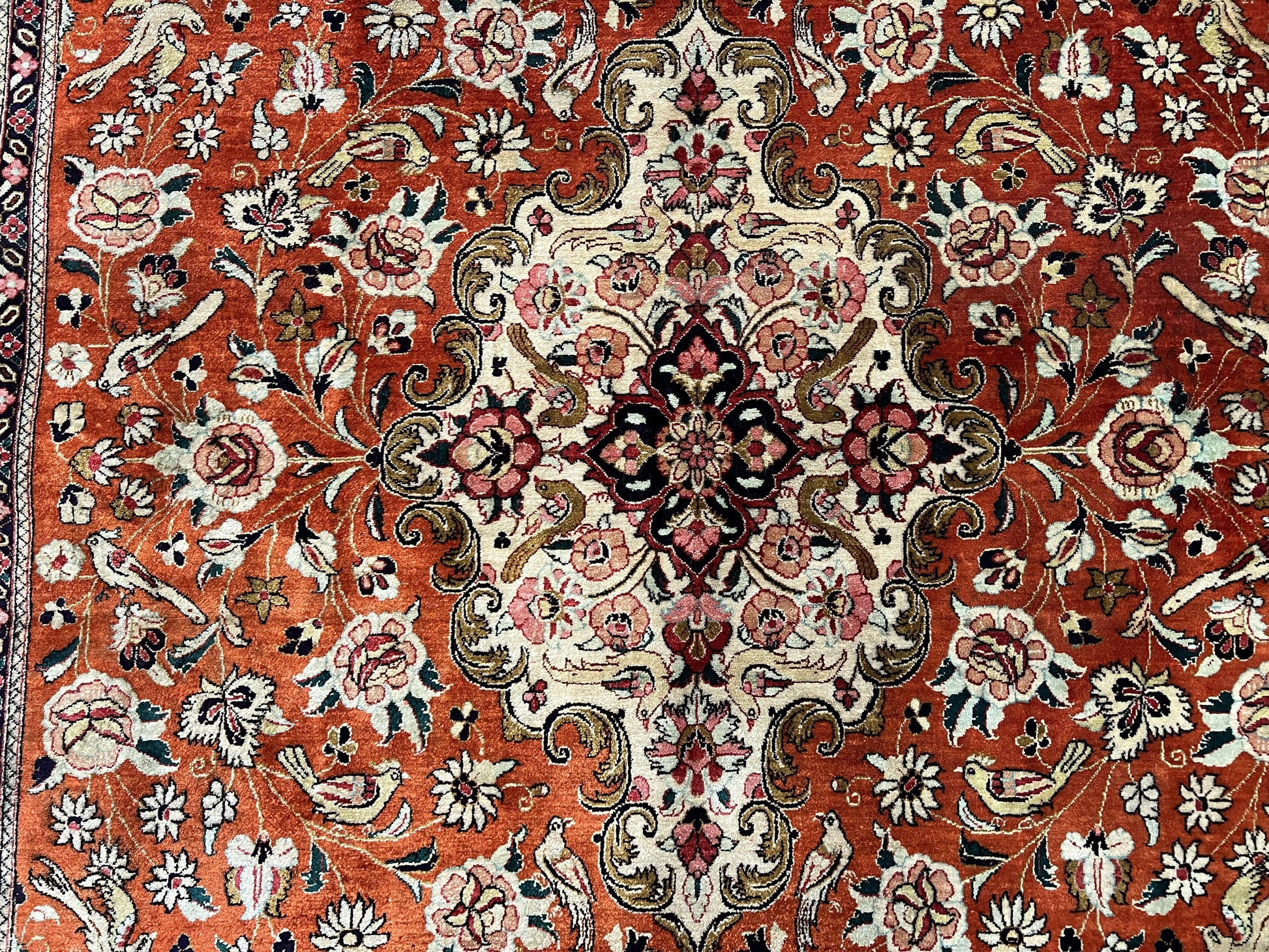 Persian Qum Silk Rug 5x7 - Floral Medallion, Birds, Orange-Red - Nuvé