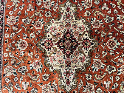 Persian Qum Silk Rug 5x7 - Floral Medallion, Birds, Orange-Red - Nuvé