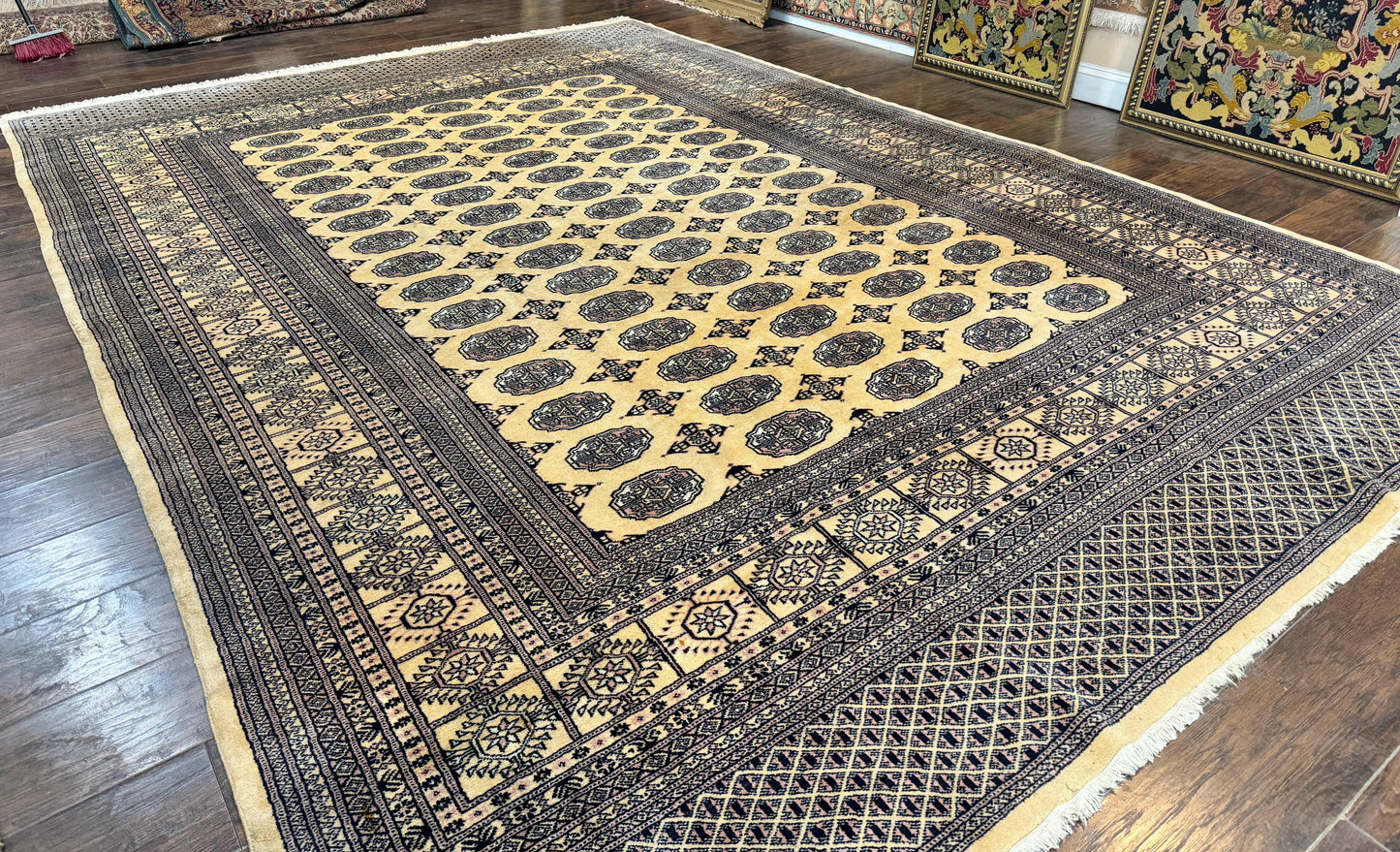 Pakistani Bokhara Turkoman Rug 9x11, Cream, Handmade Wool Vintage Carpet - Nuvé