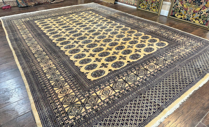 Pakistani Bokhara Turkoman Rug 9x11, Cream, Handmade Wool Vintage Carpet - Nuvé
