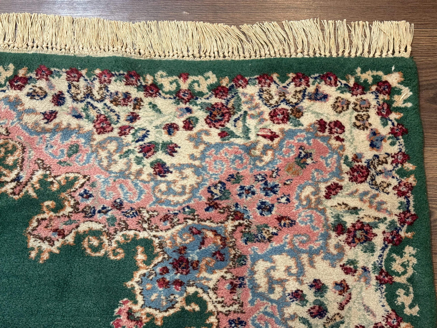 Persian Kerman Rug 4x6, Green Ivory Pink, Wool Vintage, Semi Open Field - Nuvé