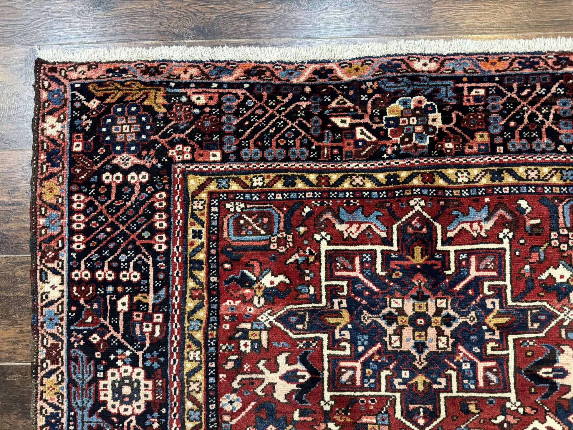 Persian Karajeh Rug 5x6, Antique Heriz Carpet, Geometric, Persian Tribal Rug, Brick Red Navy Blue - Nuvé