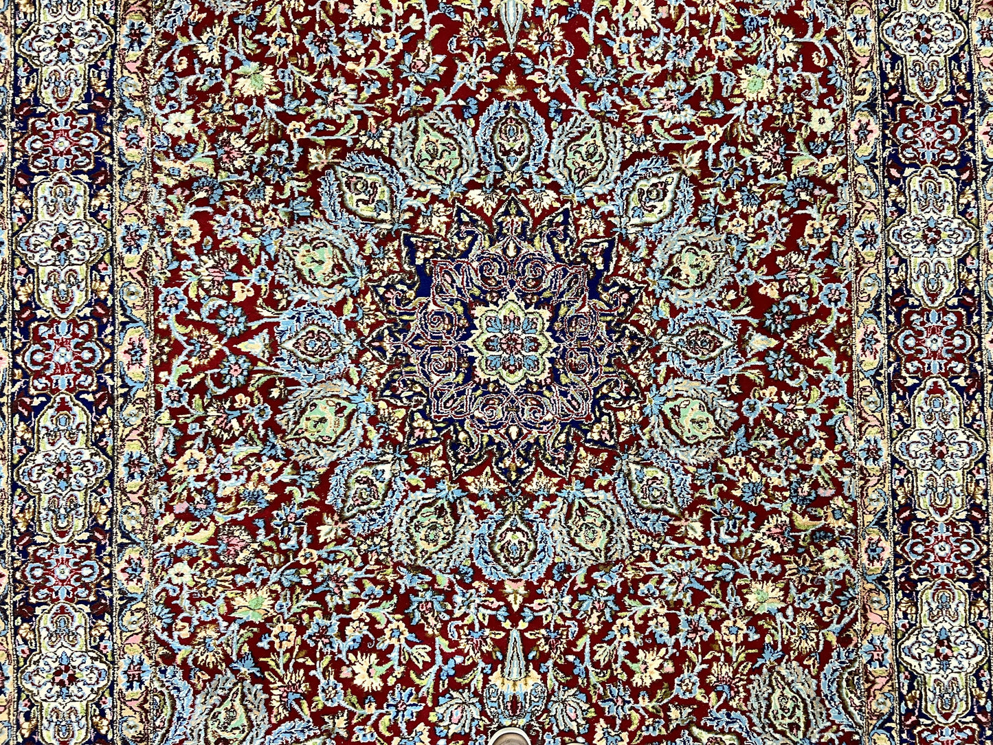 Persian Rug 7x10, Kirman Oriental Carpet 7 x 10 ft, Hand Knotted Wool Floral Medallion Semi Antique Persian Rug, Dark Red Light Blue Vintage - Nuvé
