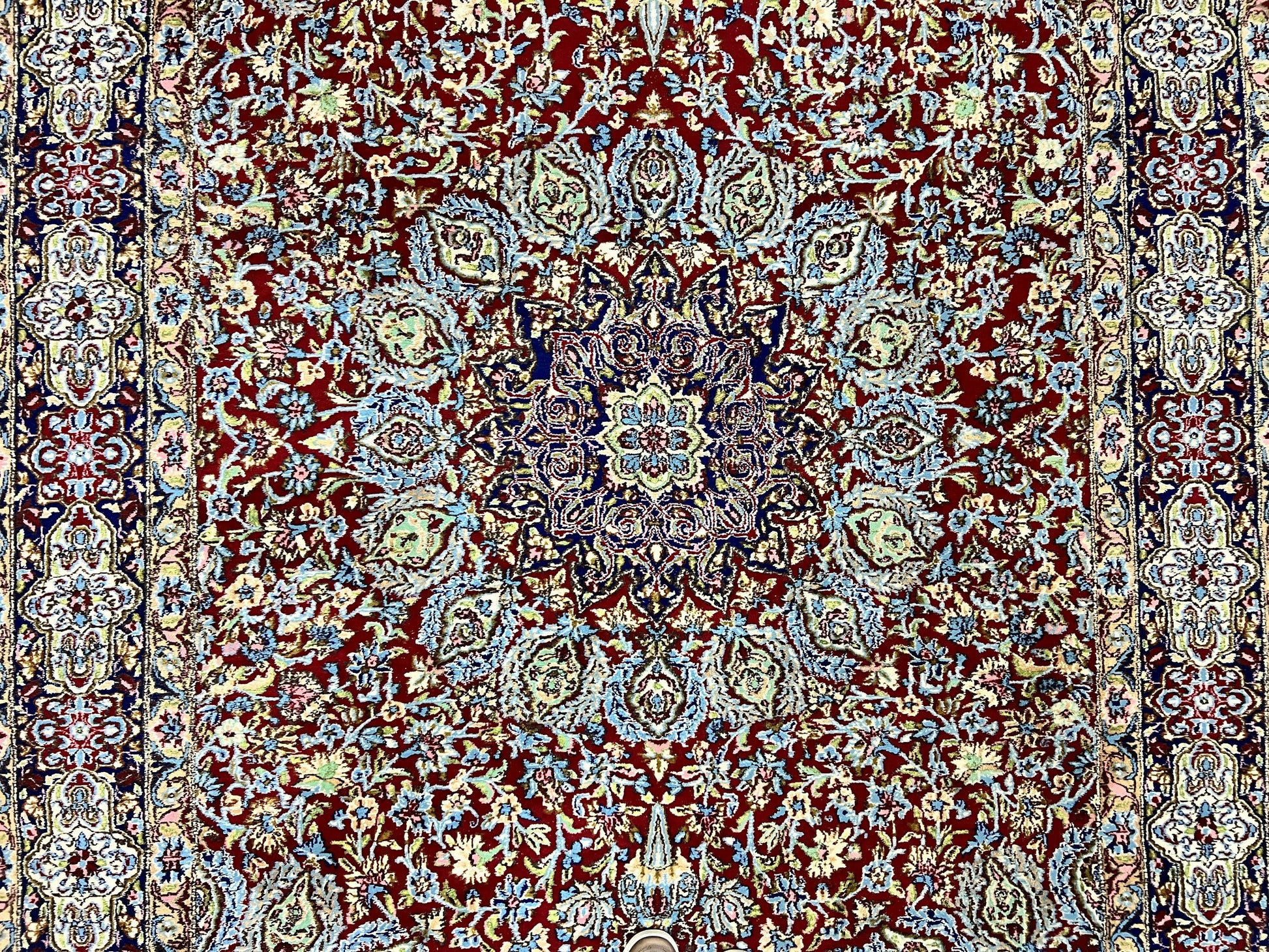 Persian Rug 7x10, Kirman Oriental Carpet 7 x 10 ft, Hand Knotted Wool Floral Medallion Semi Antique Persian Rug, Dark Red Light Blue Vintage - Nuvé