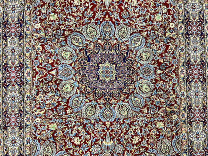 Persian Rug 7x10, Kirman Oriental Carpet 7 x 10 ft, Hand Knotted Wool Floral Medallion Semi Antique Persian Rug, Dark Red Light Blue Vintage - Nuvé