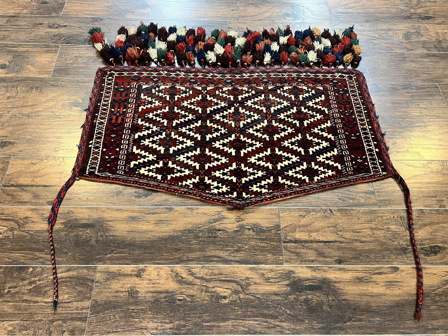 Antique Turkoman Camel Trapping, Turkoman Asmalyk, Red Black Ivory, Handmade, Hand Knotted Tribal Collectible Rug, Rare - Nuvé