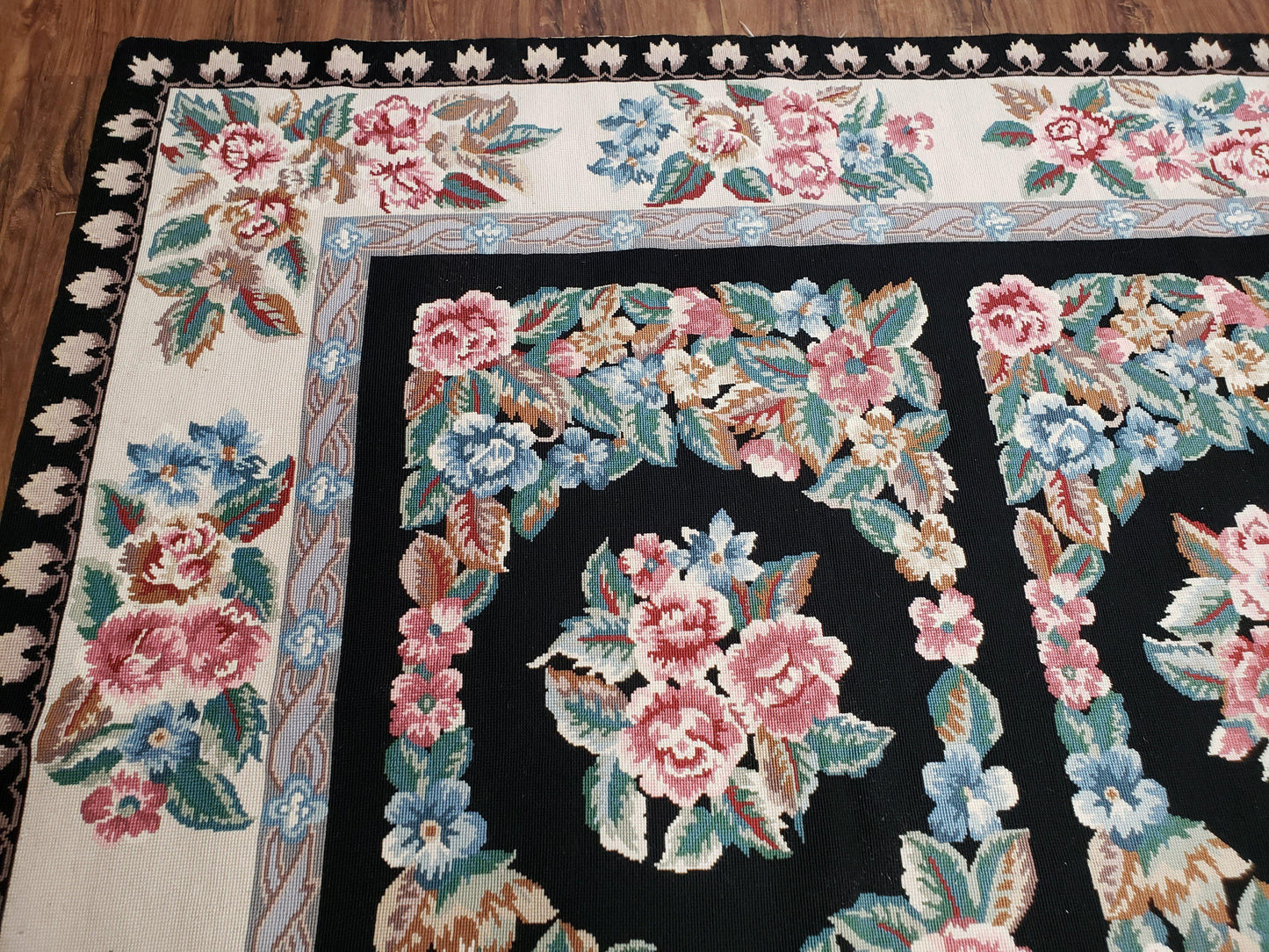 Floral Needlepoint Rug 9.5 x 13.6, Floral Panel Design, Black and Ivory Flatweave Aubusson Carpet, Multicolor - Nuvé
