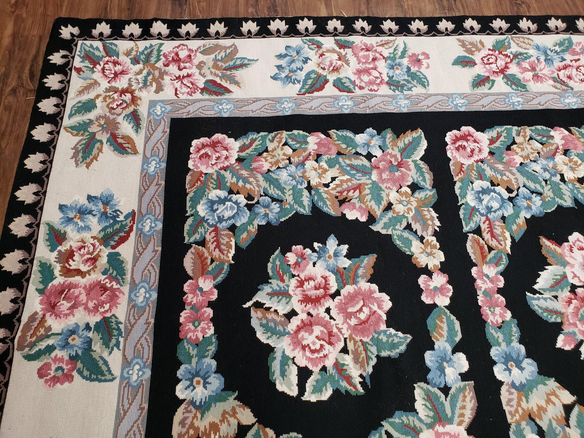 Floral Needlepoint Rug 9.5 x 13.6, Floral Panel Design, Black and Ivory Flatweave Aubusson Carpet, Multicolor - Nuvé