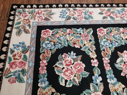 Floral Needlepoint Rug 9.5 x 13.6, Floral Panel Design, Black and Ivory Flatweave Aubusson Carpet, Multicolor - Nuvé