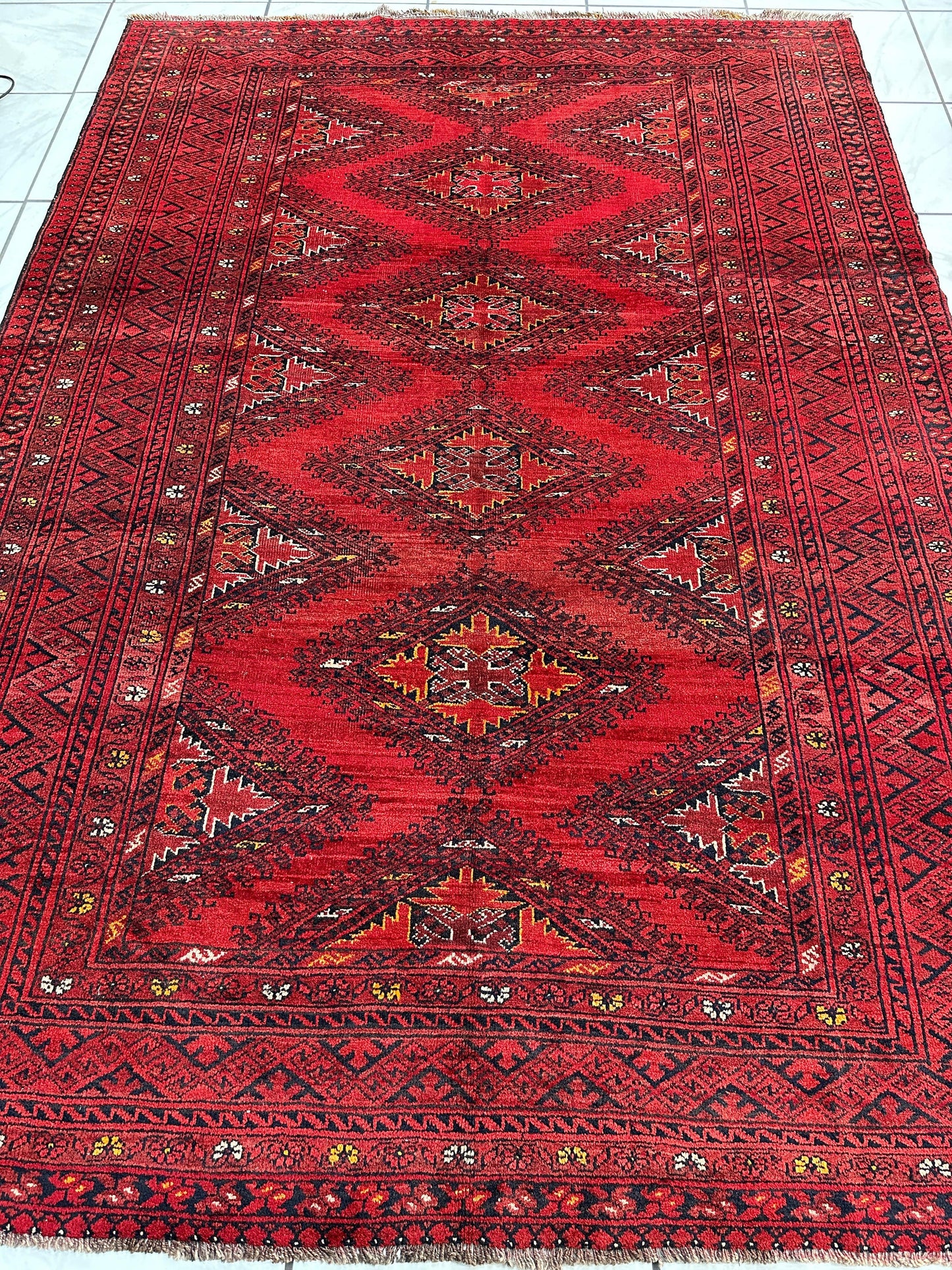 Hand-Knotted Afghan Turkoman Waziri Wool Rug – 6'9" x 9'6" – Vintage Red Elegance - Nuvé