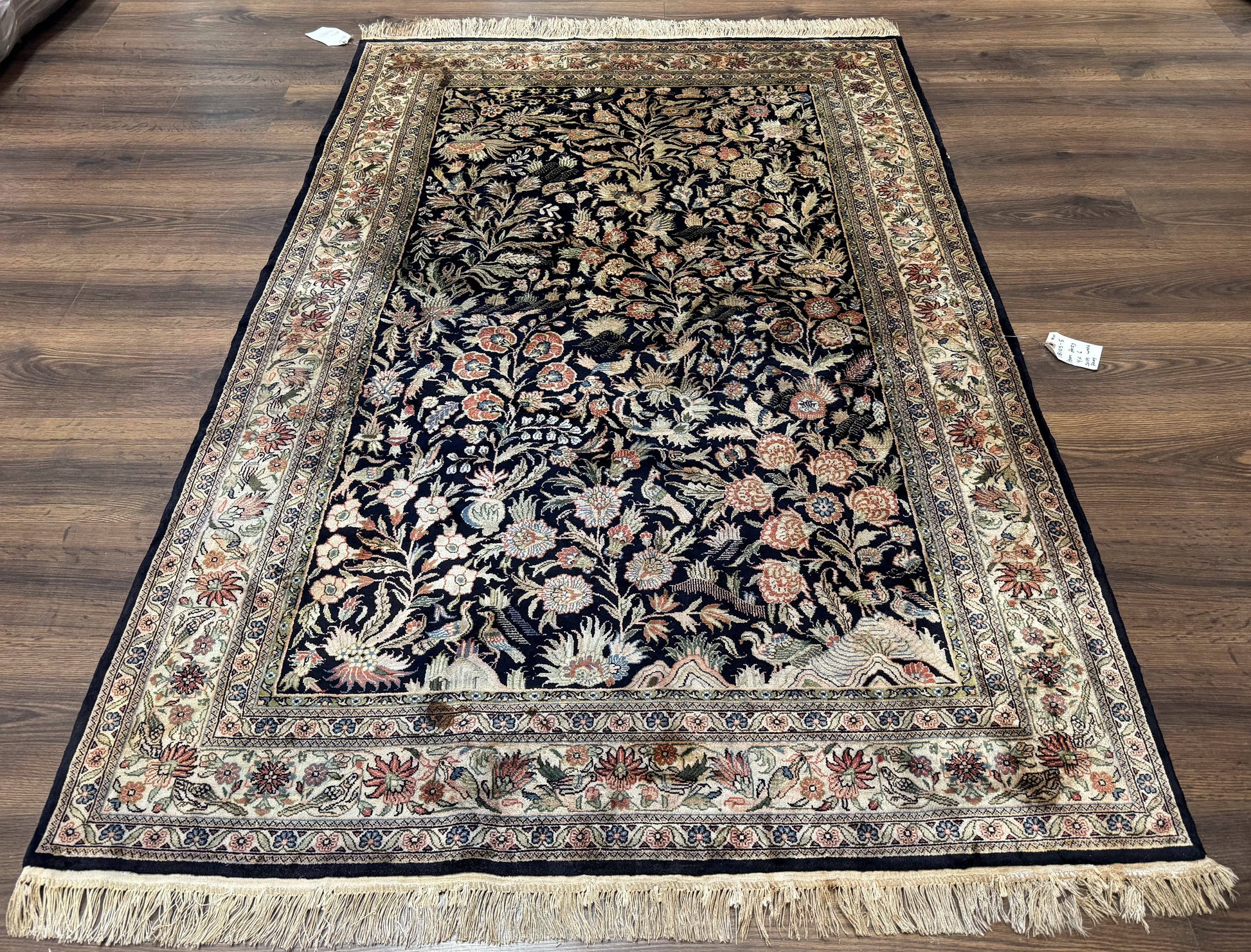 Silk Rug 4x6, Black and Cream, Floral & Bird Pictorials, Fine 330 KPSI, Sino Persian Rug - Nuvé