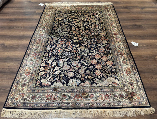 Silk Rug 4x6, Black and Cream, Floral & Bird Pictorials, Fine 330 KPSI, Sino Persian Rug - Nuvé