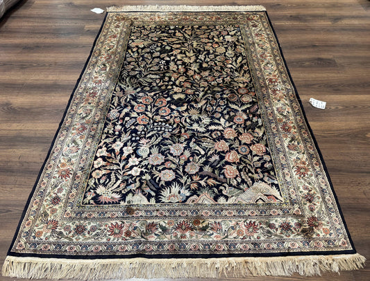 Silk Rug 4x6, Black and Cream, Floral & Bird Pictorials, Fine 330 KPSI, Sino Persian Rug - Nuvé