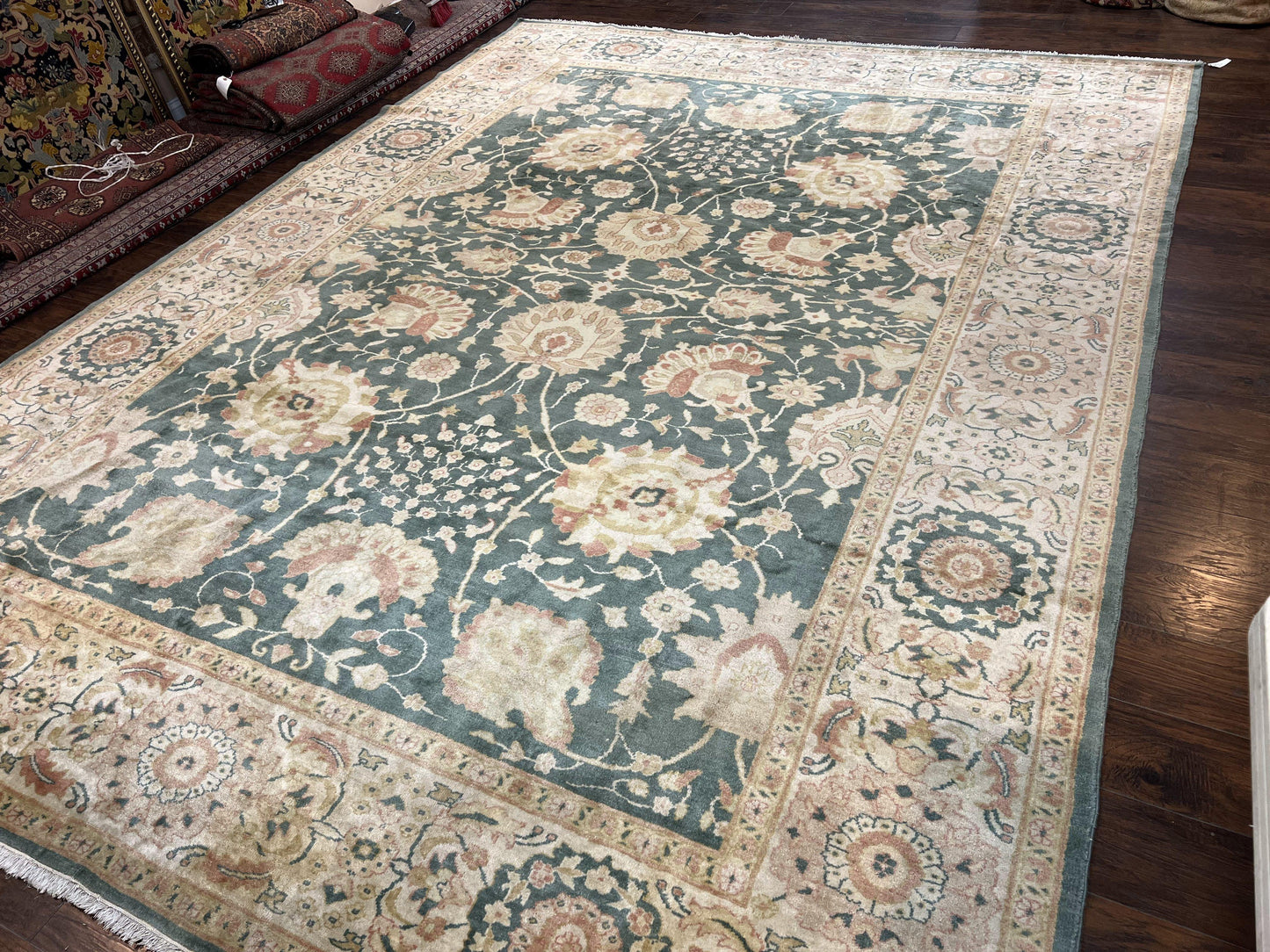 Egyptian Mahal Rug 10x14, Large Vintage Floral Hand Knotted Wool Carpet 10 x 14, Dark Green and Beige Traditional Handmade Persian Area Rug - Nuvé