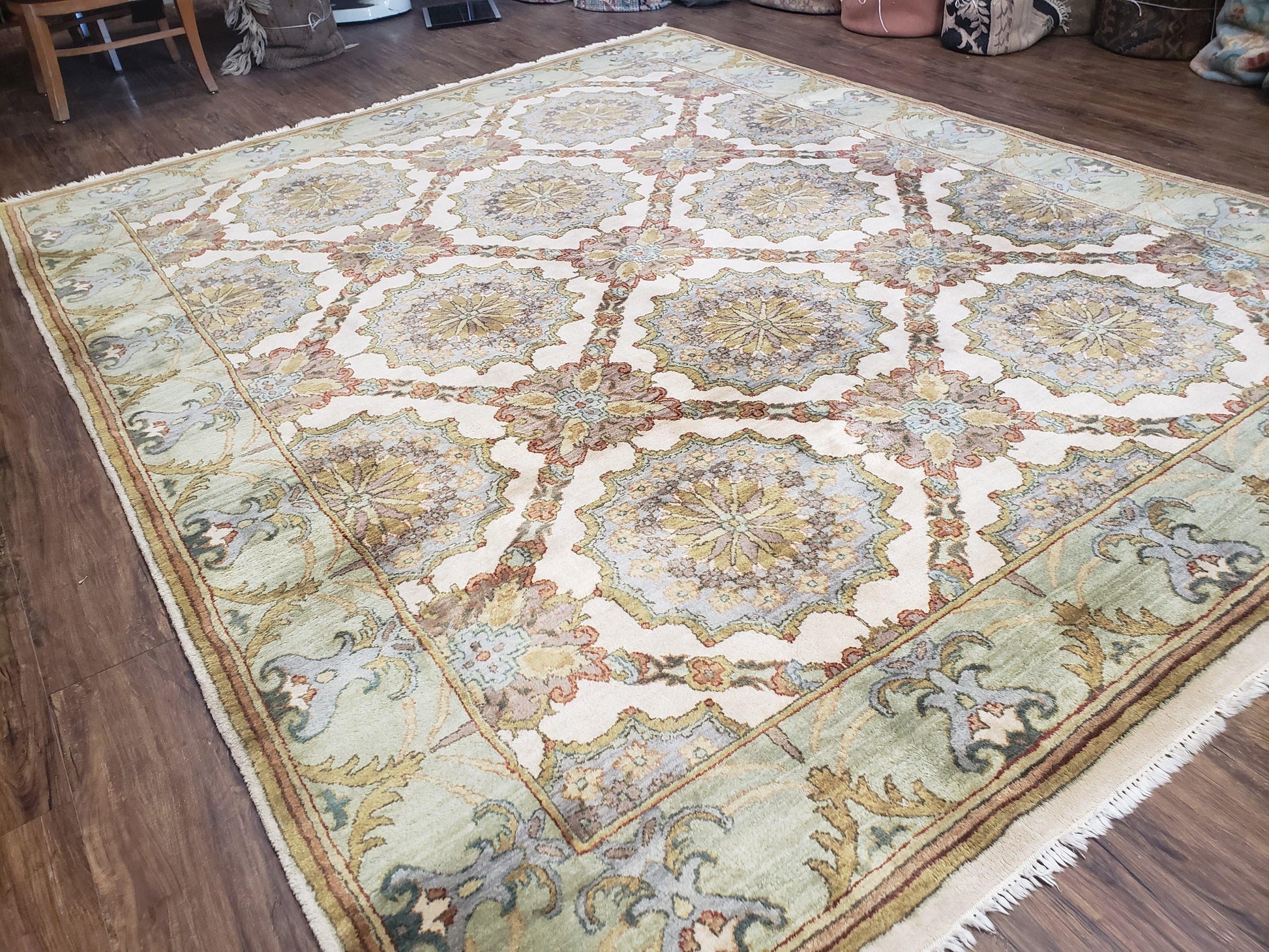 Indo Sultanabad Area Rug 8 x 9.5, Wool Hand-Knotted Ivory Green Teal Decorative Rug, Floral Panel Carpet, Indian Rug, 8 x 10 Bedroom Rug - Nuvé