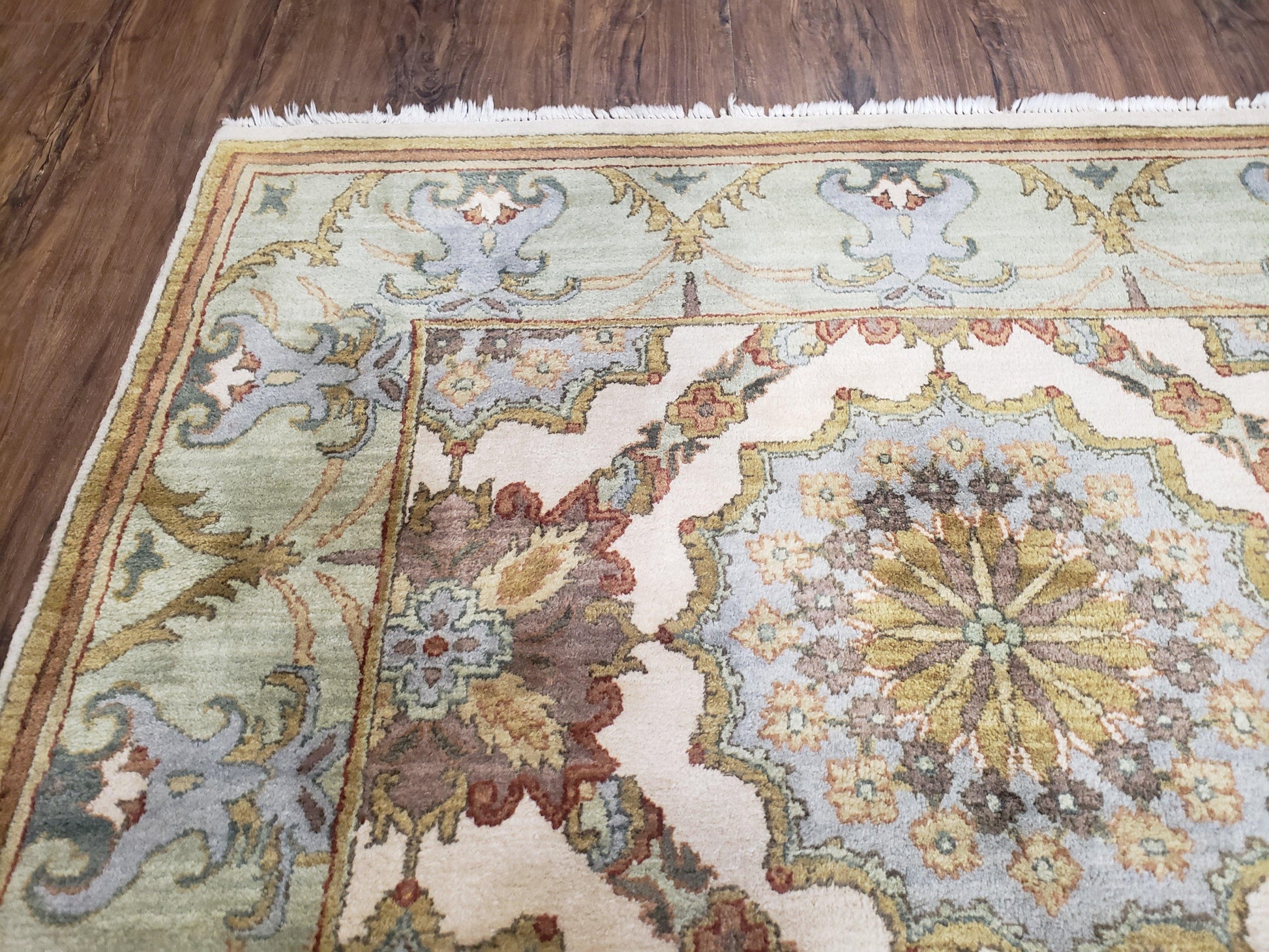 Indo Sultanabad Area Rug 8 x 9.5, Wool Hand-Knotted Ivory Green Teal Decorative Rug, Floral Panel Carpet, Indian Rug, 8 x 10 Bedroom Rug - Nuvé