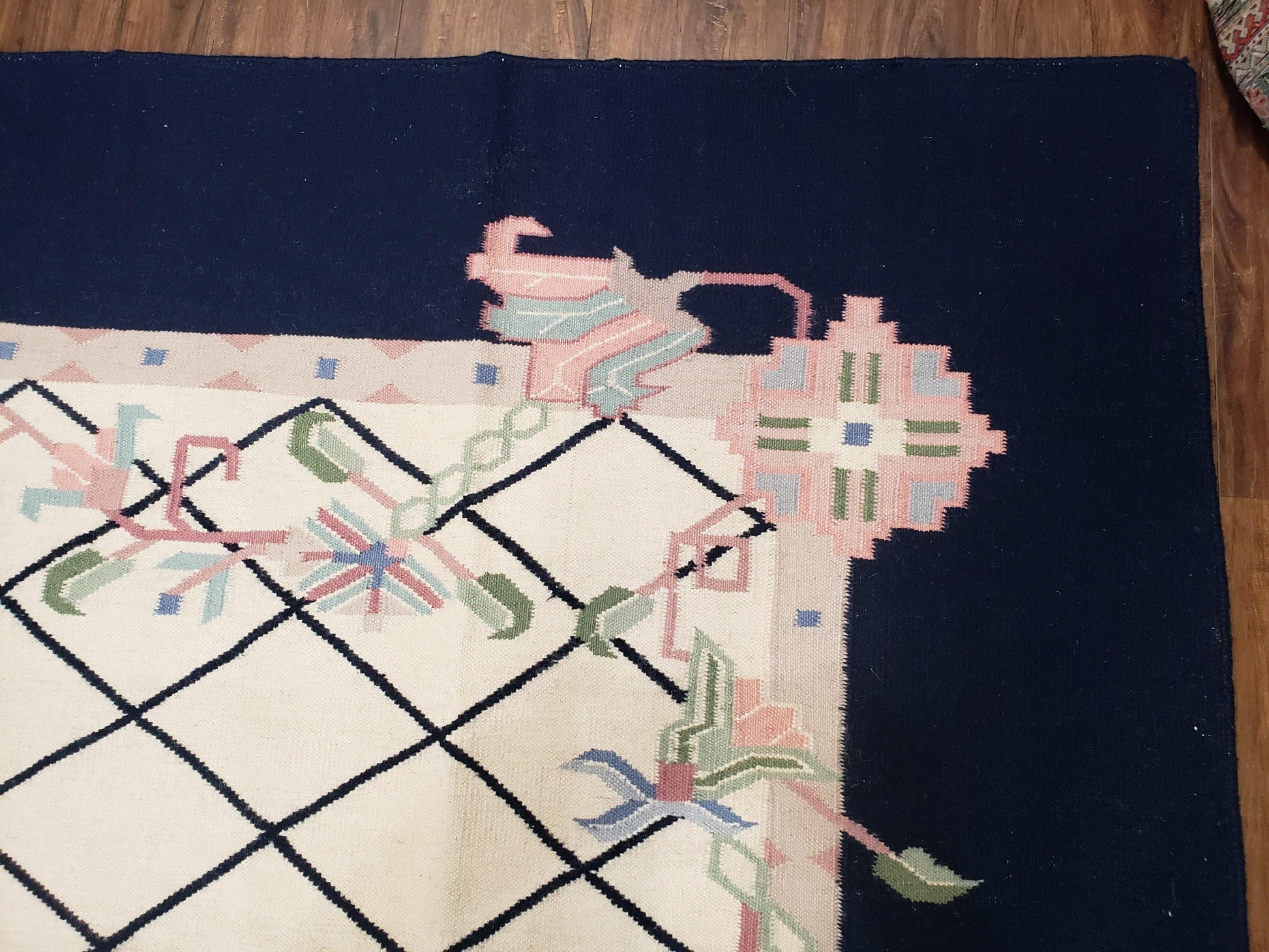 Vintage Dhurrie Rug, Indian Dhurrie 8x11 - 9x11, Wool Hand-Woven Ivory & Black Indo Carpet, Large Flat Weave Rug Living Room Rug Black White - Nuvé