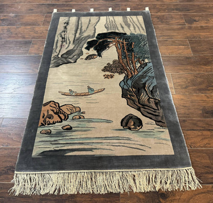 Chinese Silk Wall Hanging 3x5, Handmade, River and Boat Scene, Rug Tapestry - Nuvé