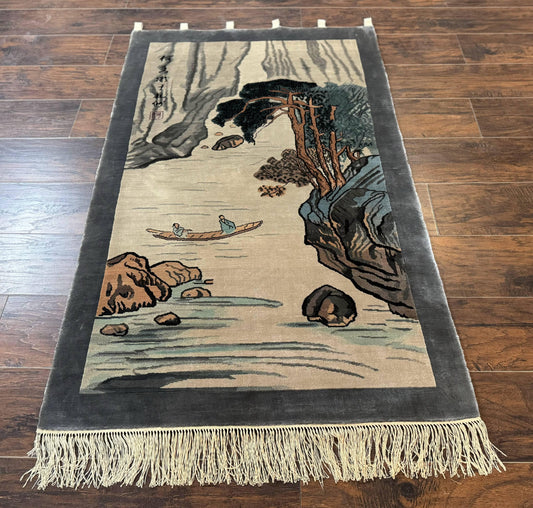 Chinese Silk Wall Hanging 3x5, Handmade, River and Boat Scene, Rug Tapestry - Nuvé