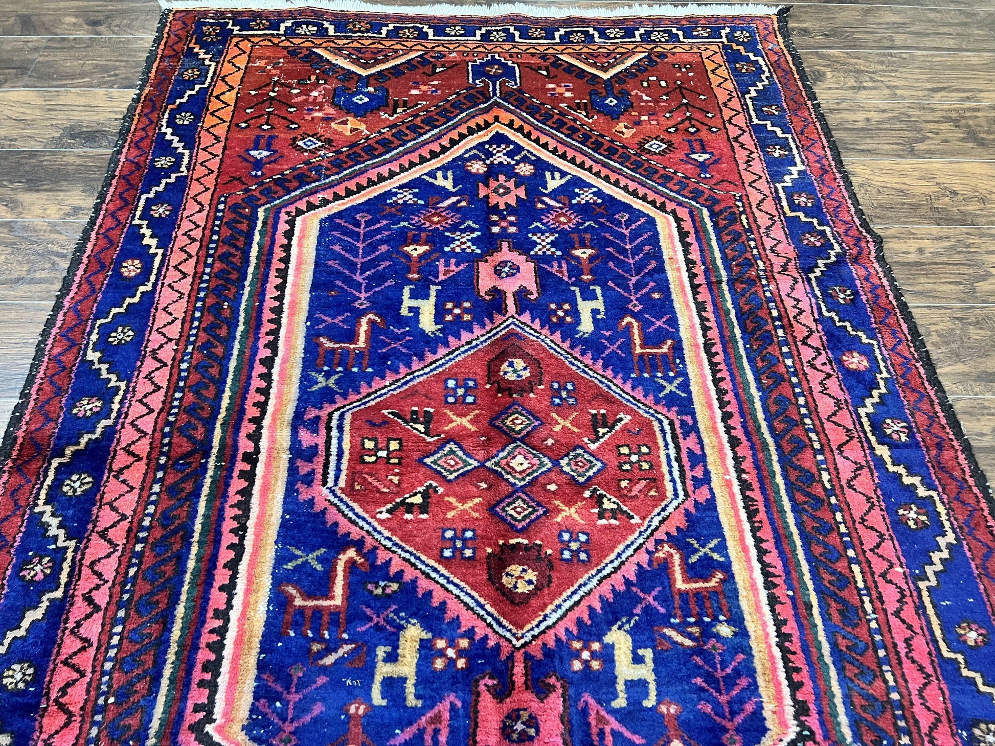 Persian Tribal Rug 5x7, Wool Handmade Vintage Hamadan Nahavand Carpet, Red & Navy Blue, Animal Motifs, Geometric Oriental Rug 5 x 7 - Nuvé