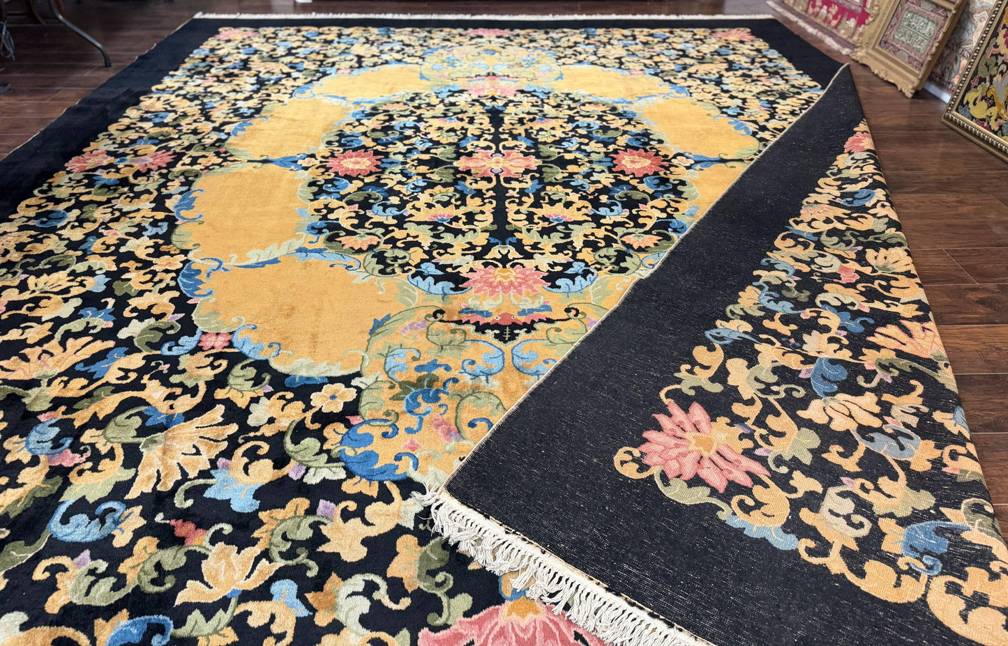 Antique Chinese Peking Rug 12.6 x 14.9, Palace Size Asian Oriental Carpet, Art Deco Rug, Rare - Nuvé