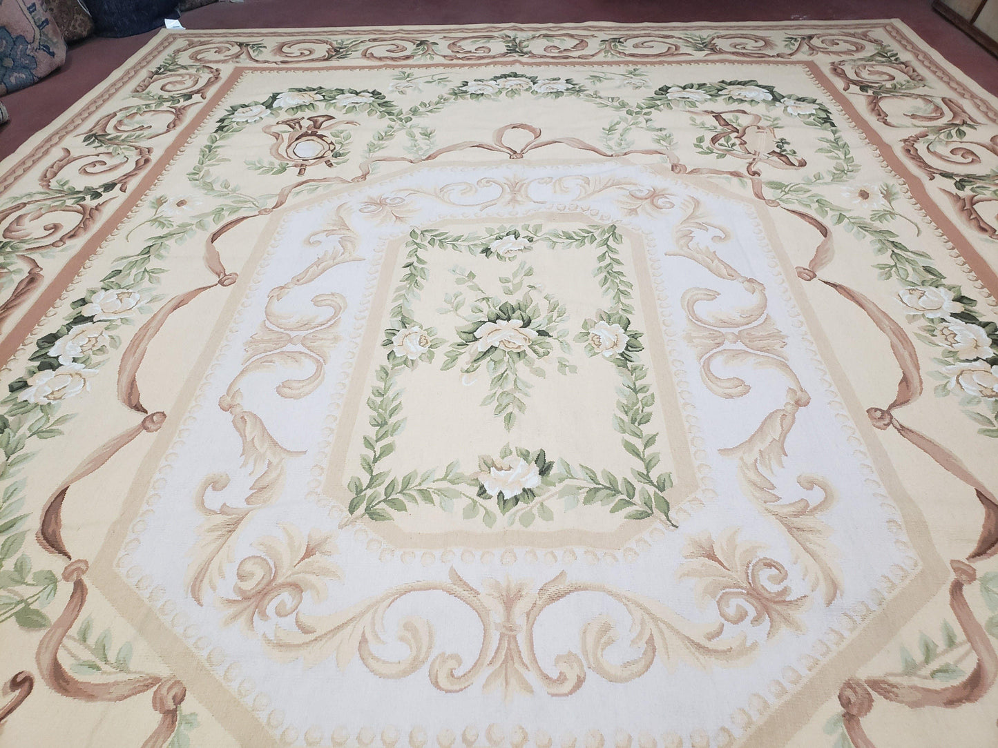 Elegant Aubusson Rug 10 x 14, Cream and Ivory Simple Aubusson Floral Carpet, Hand-Woven, European, New Aubusson Rug, Wool Area Rug, Violins - Nuvé