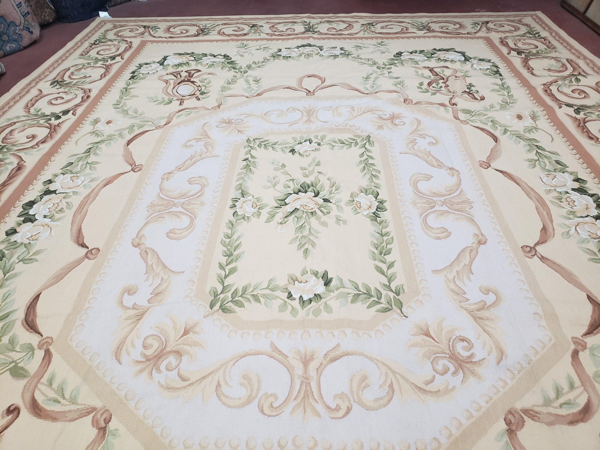 Elegant Aubusson Rug 10 x 14, Cream and Ivory Simple Aubusson Floral Carpet, Hand-Woven, European, New Aubusson Rug, Wool Area Rug, Violins - Nuvé