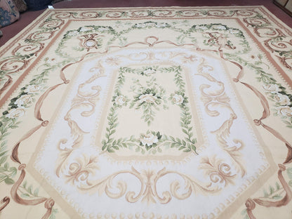 Elegant Aubusson Rug 10 x 14, Cream and Ivory Simple Aubusson Floral Carpet, Hand-Woven, European, New Aubusson Rug, Wool Area Rug, Violins - Nuvé